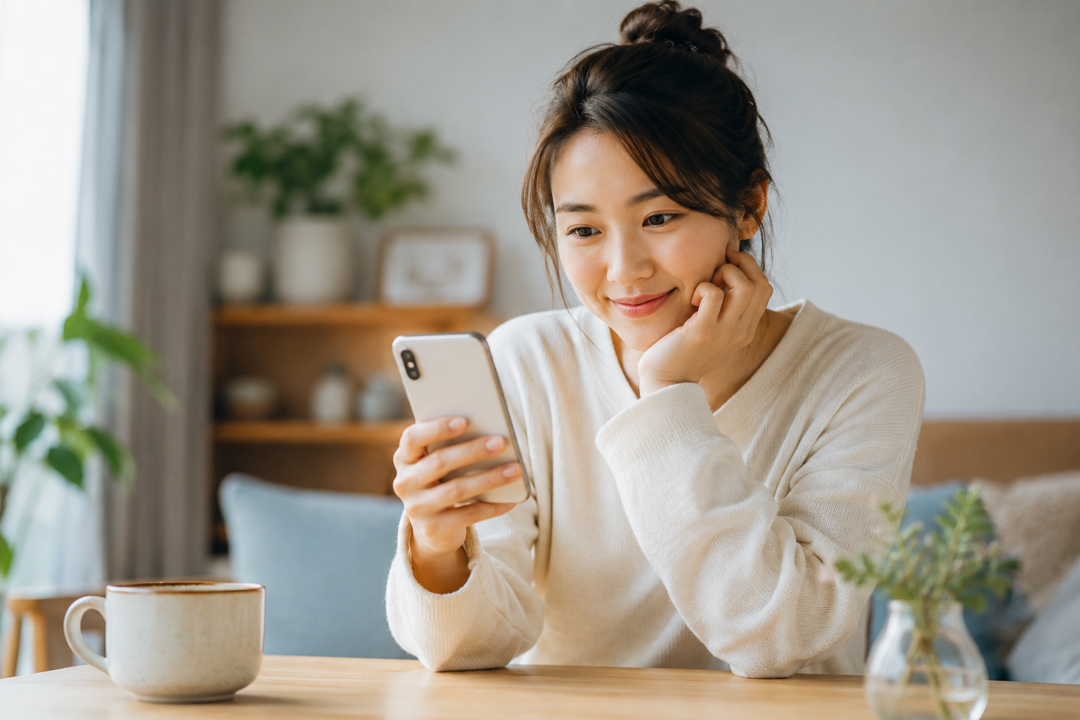 スマホを見ながらリラックスする女性のイメージ