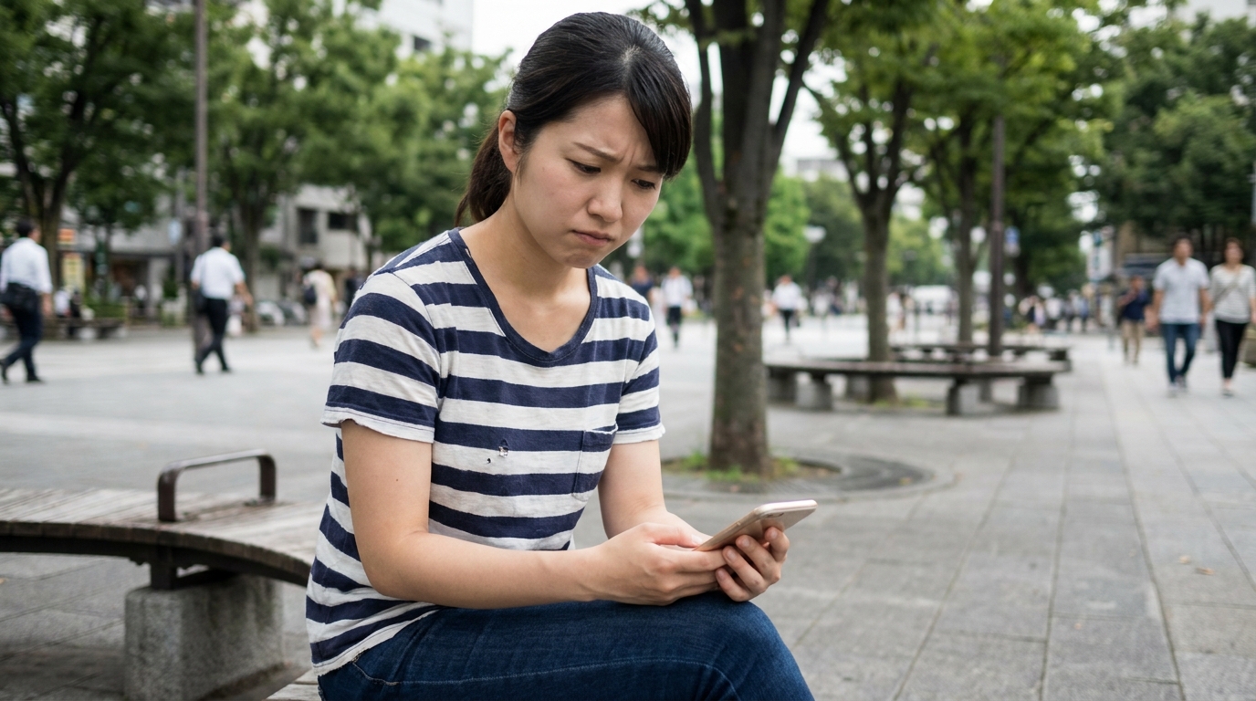 スマホを見ながら家計簿アプリの入力がめんどくさくて悩む女性